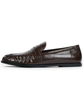 Women's Chocolate Patent Leather Penny Loafers Pleated Slip On Casual Flat Shoes